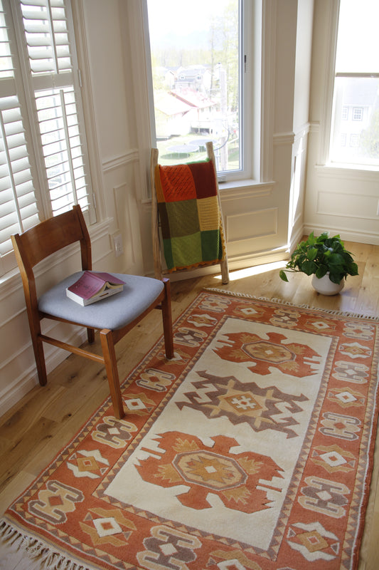 Handmade vintage Turkish medium rug made of 100% wool, featuring beige color.    
