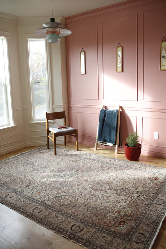 Handmade vintage Turkish large rug made of a cotton foundation and a wool pile, featuring  neutral colors.