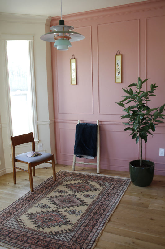 Handmade vintage Turkish medium rug made of a cotton foundation and a wool pile.