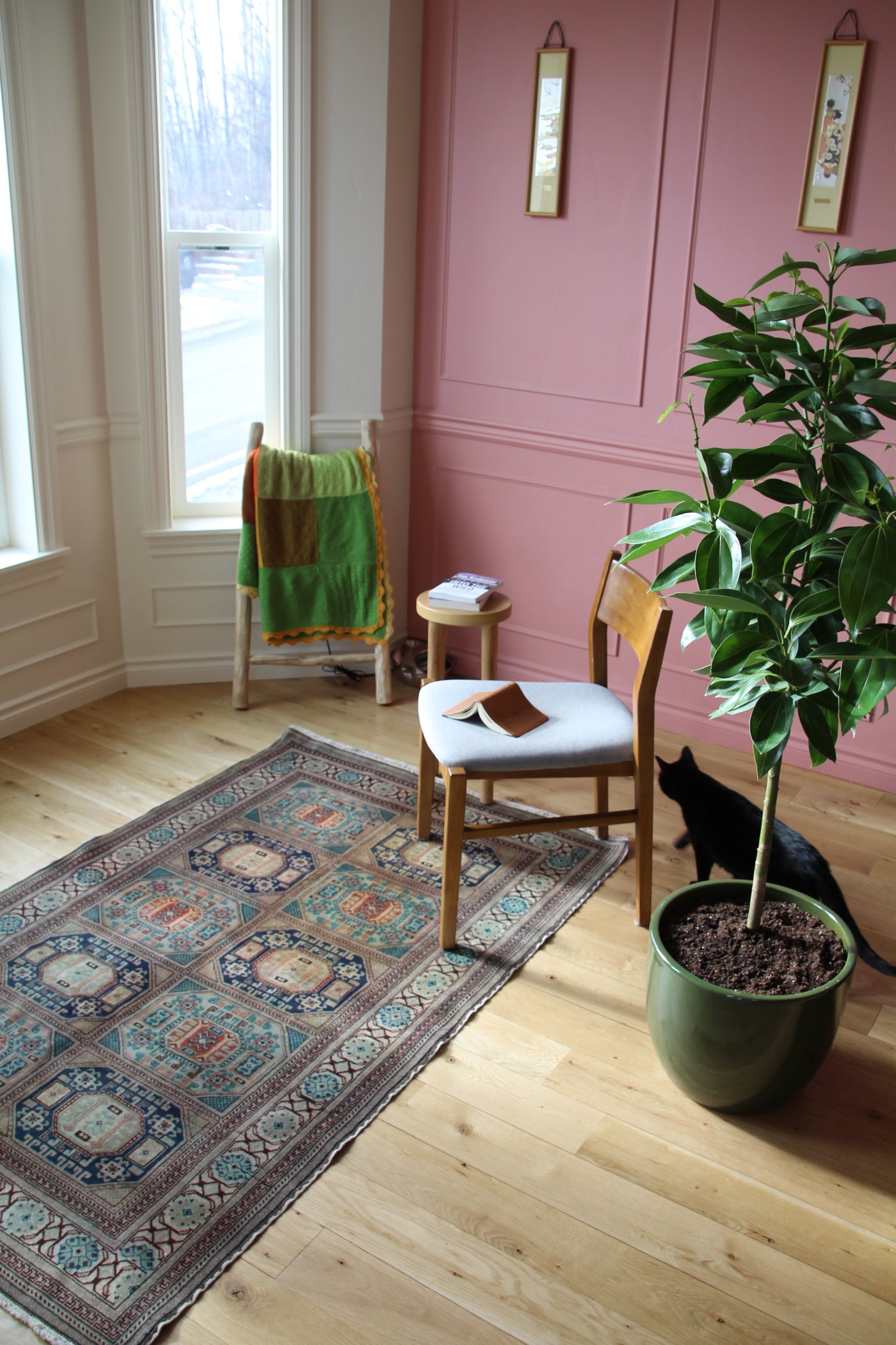 Handmade vintage Turkish medium rug made of a cotton foundation and a wool pile, featuring  green, blue, and beige colors.