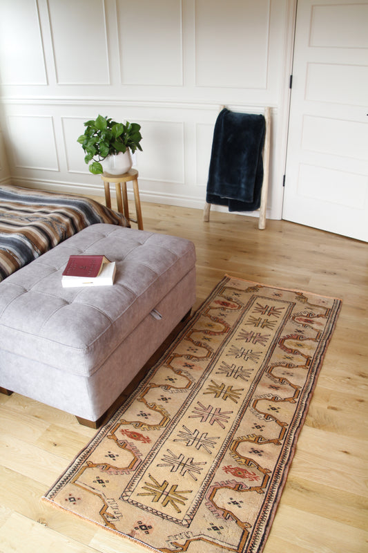 Handmade vintage Turkish small rug made of made of a cotton foundation and a wool pile.