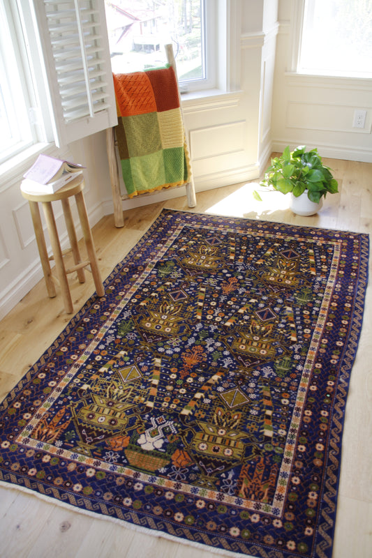 Handmade vintage Turkish entryway rug made of 100% wool, featuring blue and green colors.    