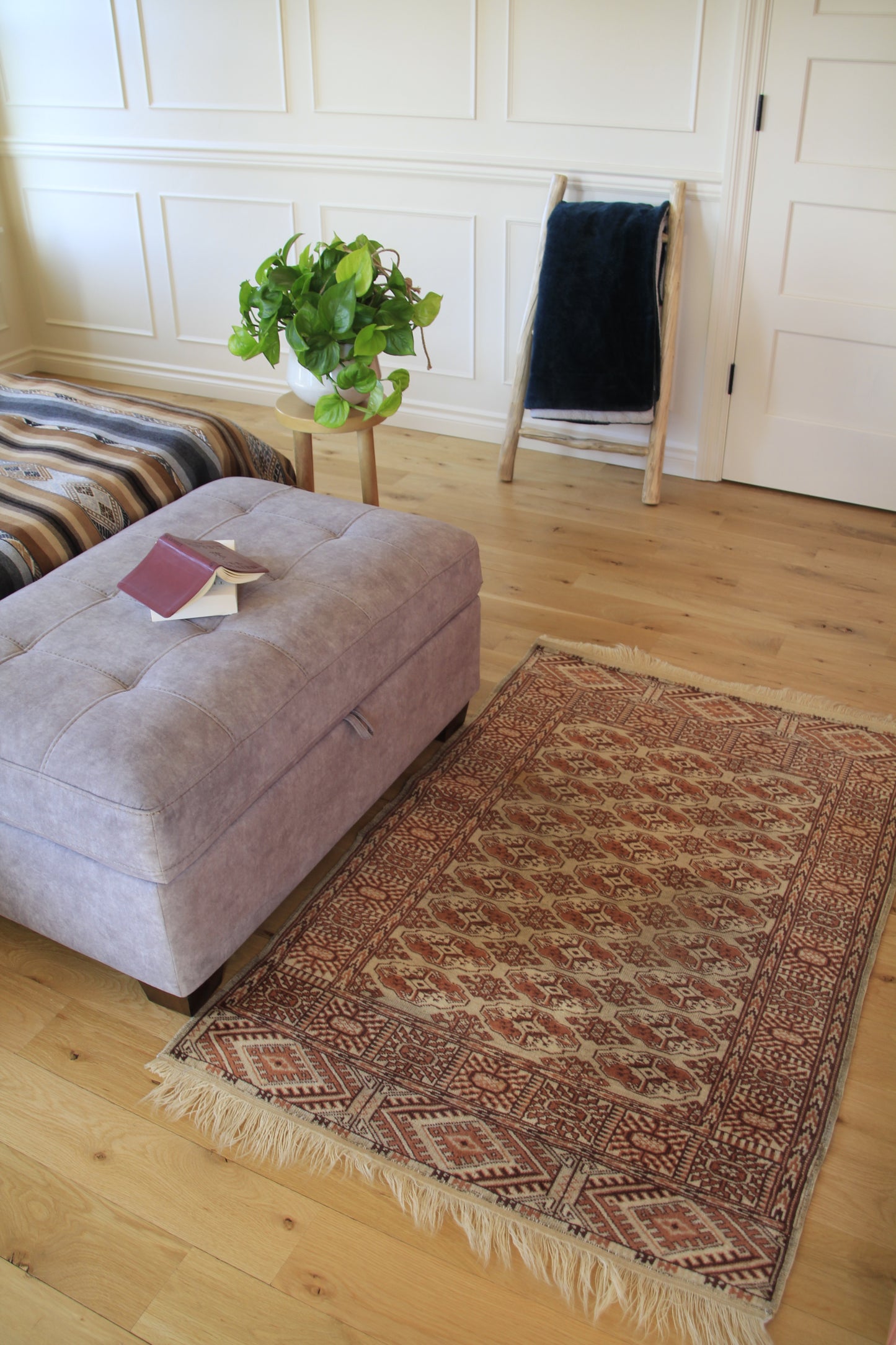 Handmade vintage Turkoman small rug made of 100% wool, featuring beige and brown colors.